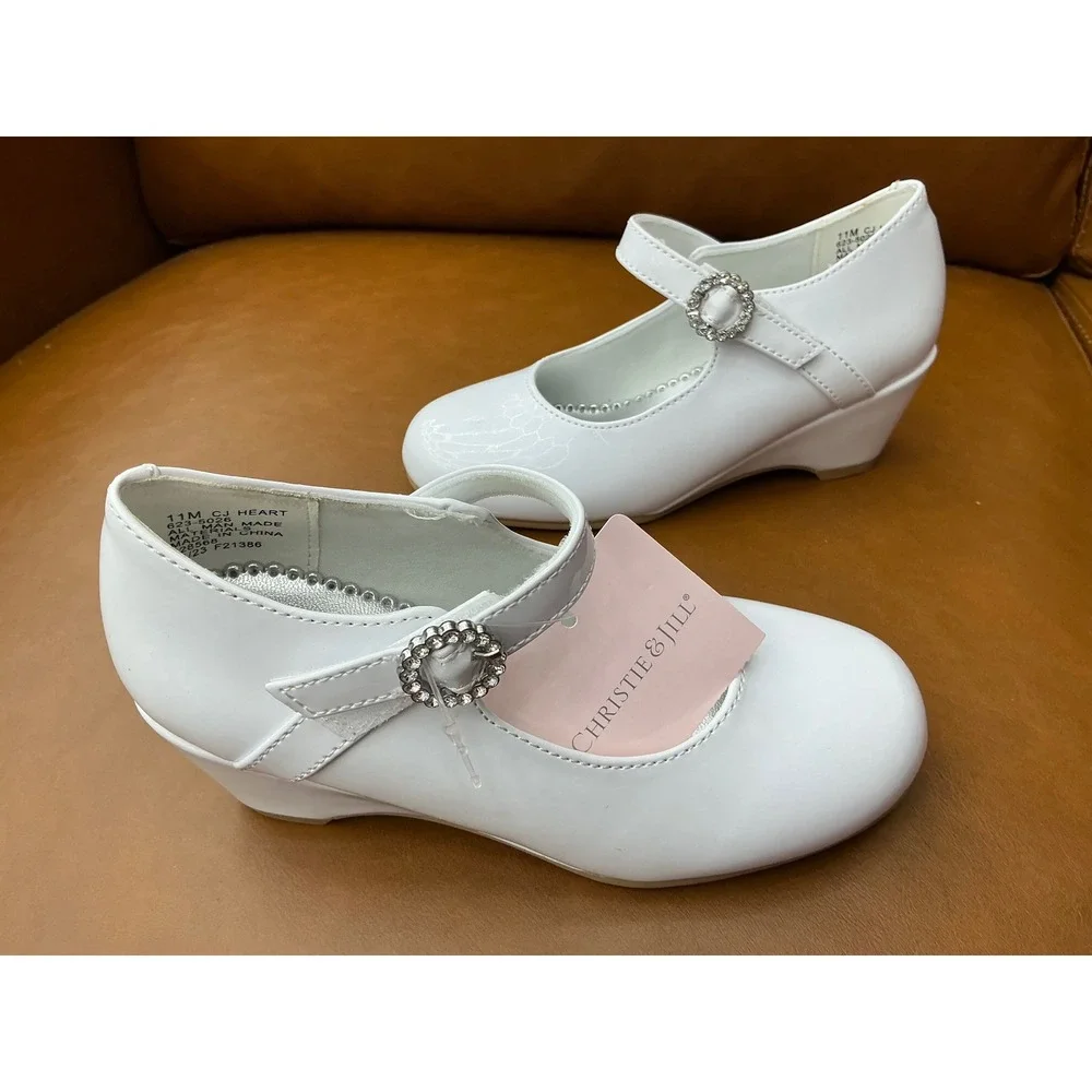 Christie & Jill Mary Jane Girls Size 11 White NEW Rhinestone Wedge CJ Heart